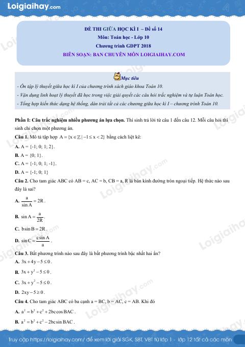 Đề thi giữa kì 1 Toán 10 - Đề số 14